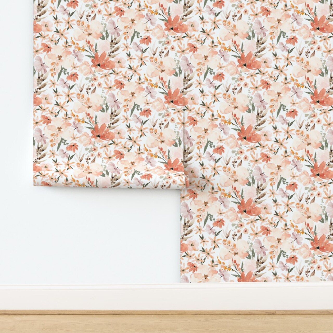 Peach Flowers Spring Coral Orange Pink Earth Tones Nursery Girl Sweet Cute Custom Removable Wallpaper by Spoonflower Peel & Stick Wallpaper 2FT Wide